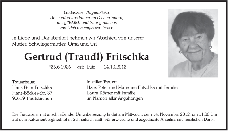  Traueranzeige für Gertrud Fritschka vom 09.11.2012 aus Pegnitz-Zeitung